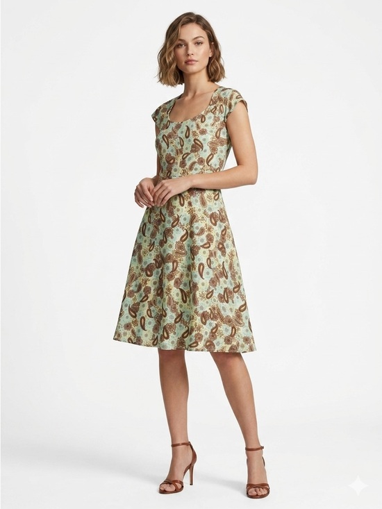 Isabella Bird Dresses & Skirts - Isabella Bird Fit And Flare Dress Cap Sleeve Silk Paisley Mint Brown 8P